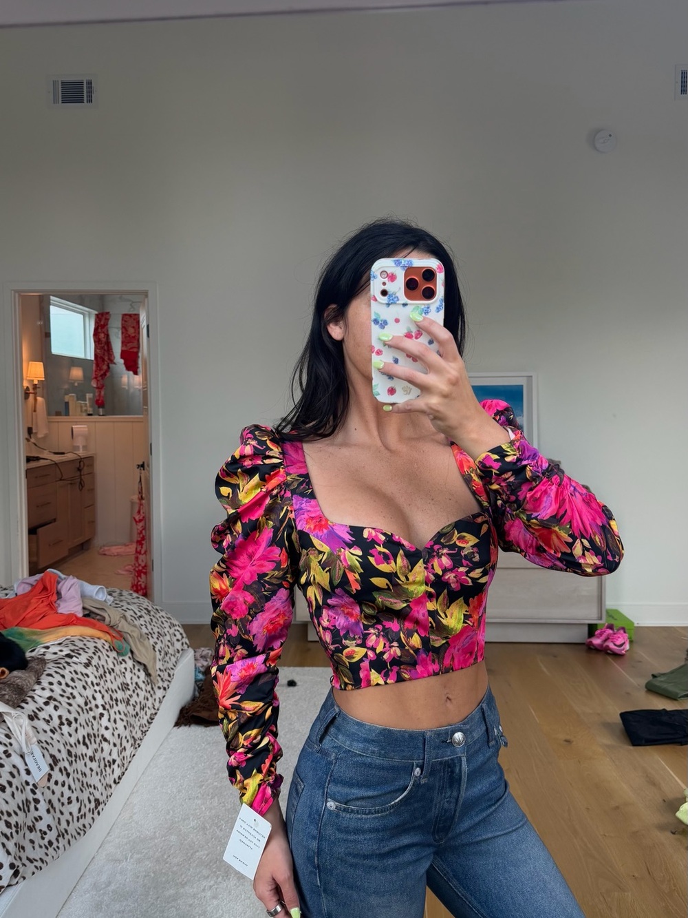 For Love And Lemons Black Floral Sweetheart Crop Top with Pink & Green Accents